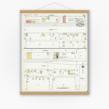 Old map wall art mockup — magnetic wood frame on white wall — Sanborn Fire Insurance Map from Honey Grove, Fannin County, Texas (1921), Sheet #0007