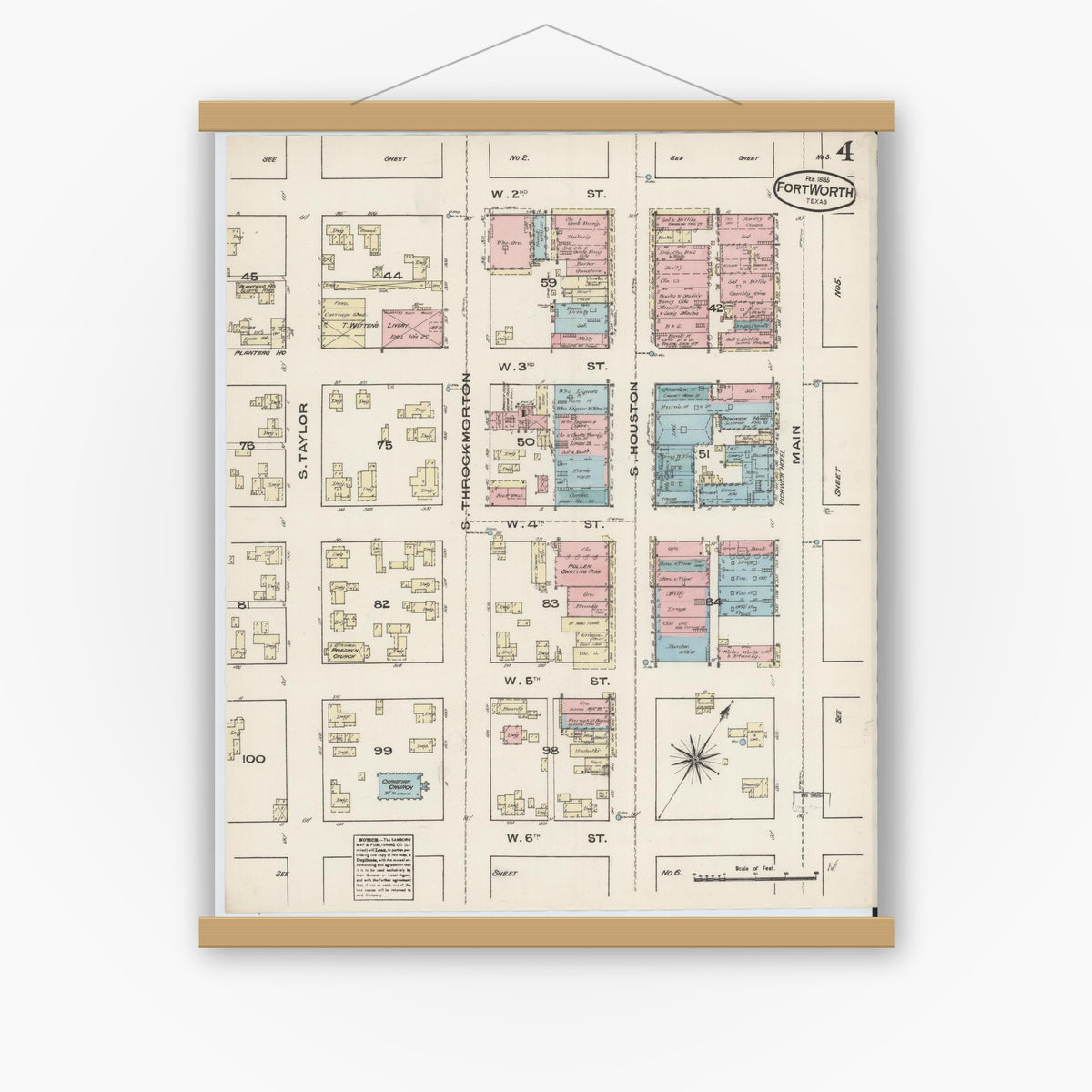 Old map wall art mockup — magnetic wood frame on white wall — Sanborn Fire Insurance Map from Fort Worth, Tarrant County, Texas (1885), Sheet #0004