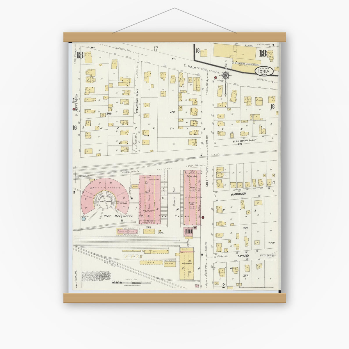 Old map wall art mockup — magnetic wood frame on white wall — Sanborn Fire Insurance Map from Ionia, Ionia County, Michigan (1924), Sheet #0018