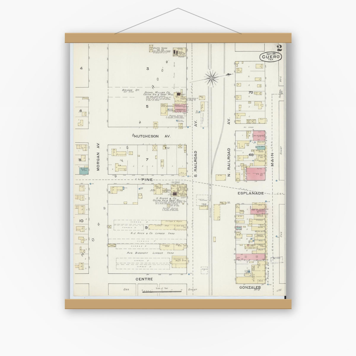Old map wall art mockup — magnetic wood frame on white wall — Sanborn Fire Insurance Map from Cuero, De Witt County, Texas (1891), Sheet #0002