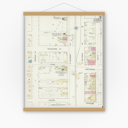 Old map wall art mockup — magnetic wood frame on white wall — Sanborn Fire Insurance Map from Cuero, De Witt County, Texas (1891), Sheet #0002