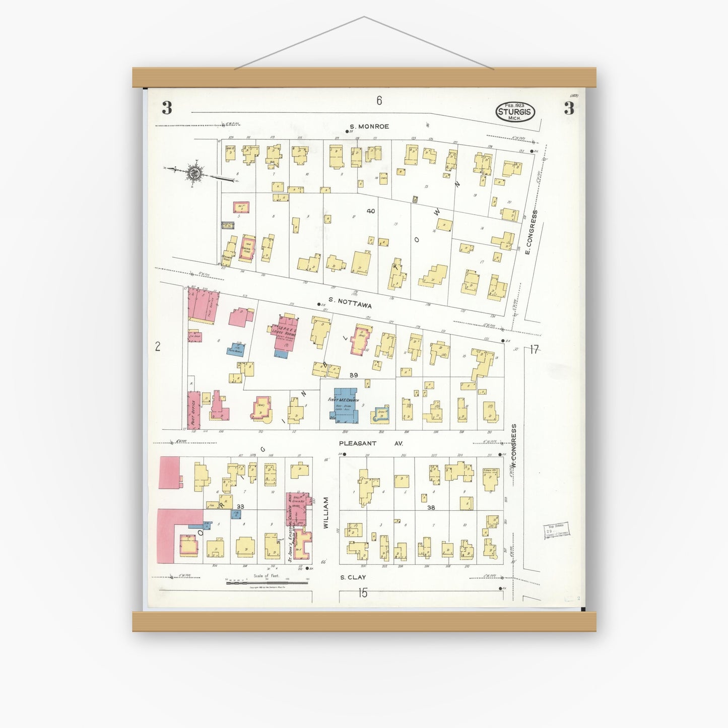 Old map wall art mockup — magnetic wood frame on white wall — Sanborn Fire Insurance Map from Sturgis, Saint Joseph County, Michigan (1923), Sheet #0003