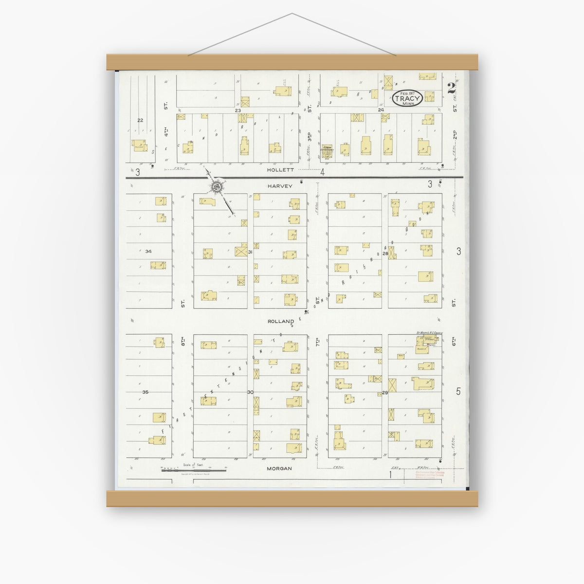 Old map wall art mockup — magnetic wood frame on white wall — Sanborn Fire Insurance Map from Tracy, Lyon County, Minnesota (1917), Sheet #0002