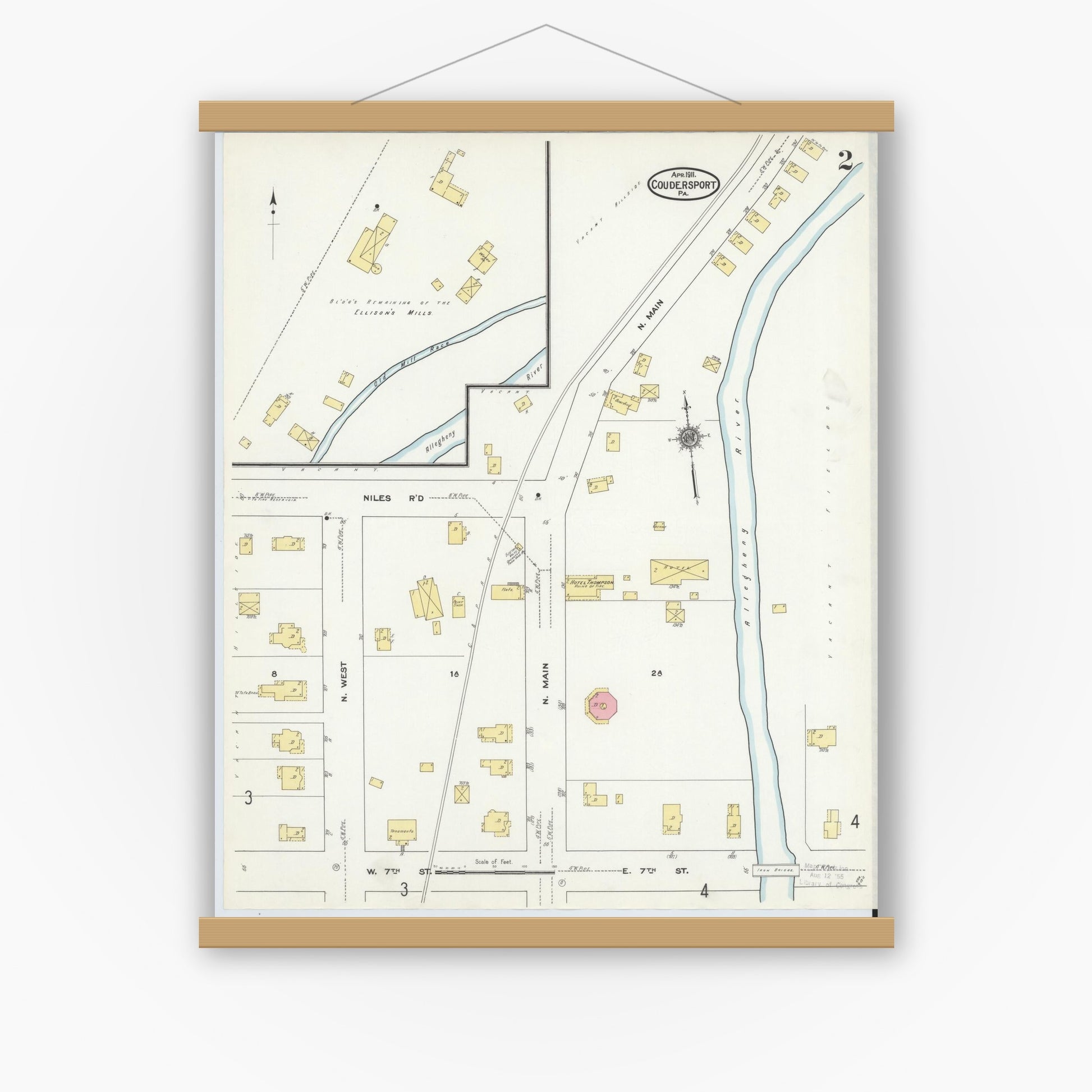 Old map wall art mockup — magnetic wood frame on white wall — Sanborn Fire Insurance Map from Coudersport, Potter County, Pennsylvania (1911), Sheet #0002