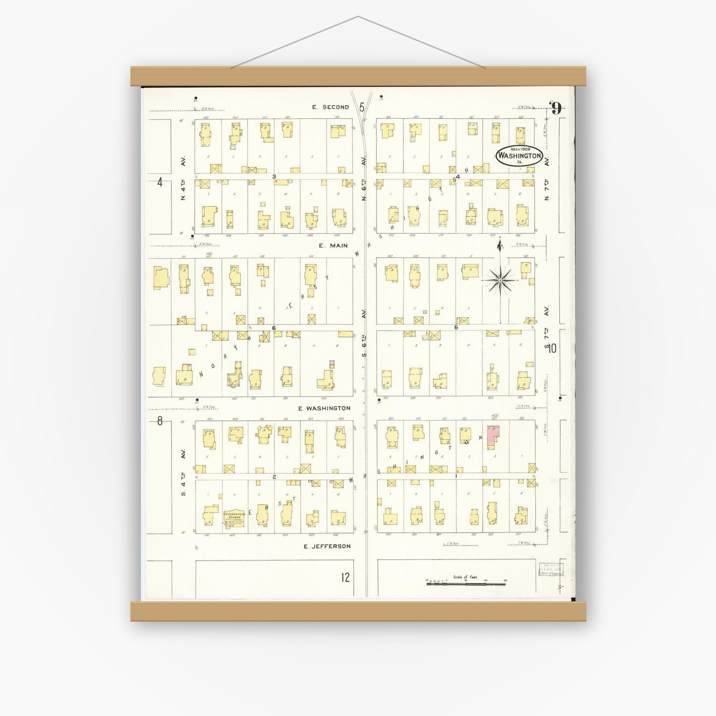 Old map wall art mockup — magnetic wood frame on white wall — Sanborn Fire Insurance Map from Washington, Washington County, Iowa (1909), Sheet #0009