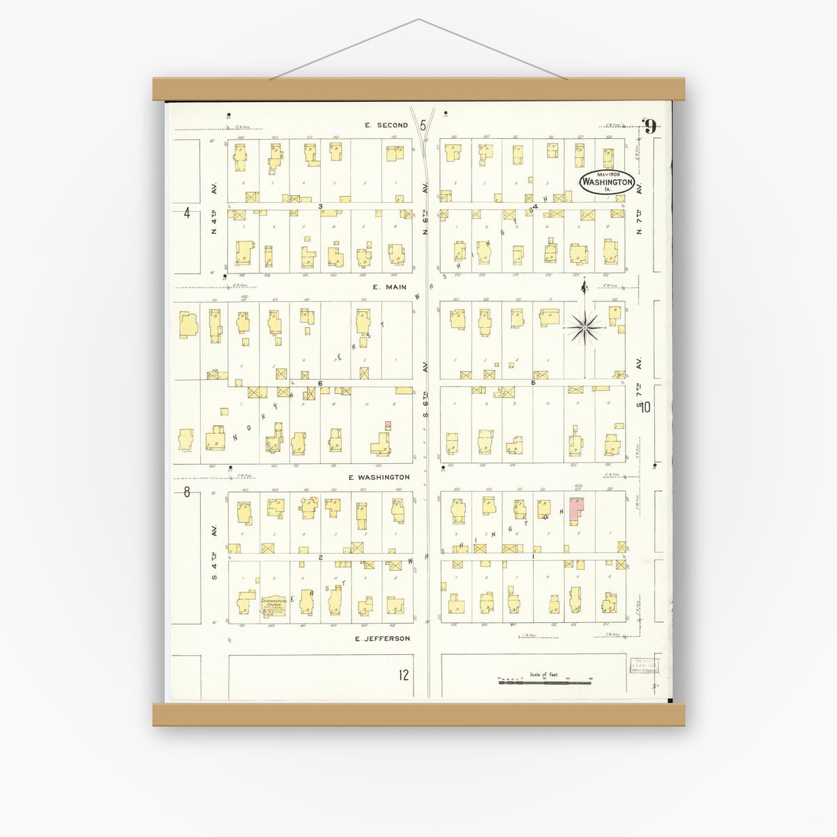 Old map wall art mockup — magnetic wood frame on white wall — Sanborn Fire Insurance Map from Washington, Washington County, Iowa (1909), Sheet #0009