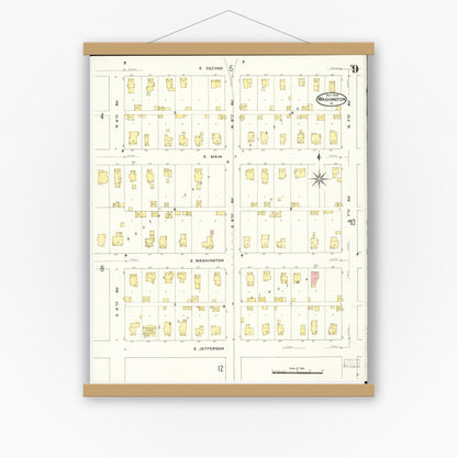 Old map wall art mockup — magnetic wood frame on white wall — Sanborn Fire Insurance Map from Washington, Washington County, Iowa (1909), Sheet #0009