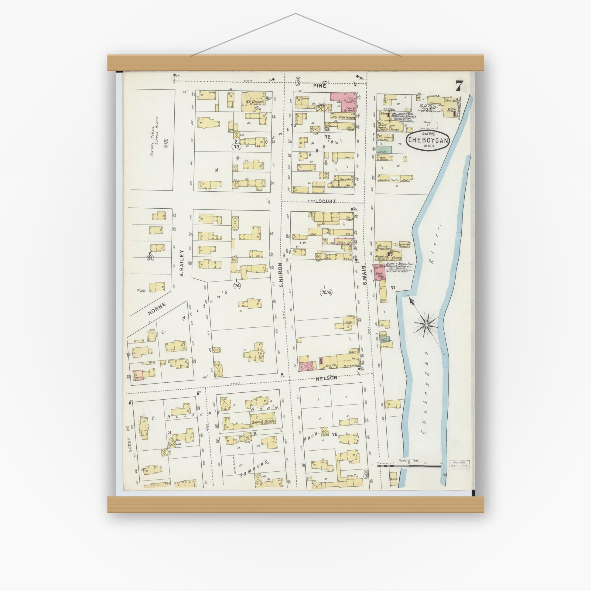 Old map wall art mockup — magnetic wood frame on white wall — Sanborn Fire Insurance Map from Cheboygan, Cheboygan County, Michigan (1895), Sheet #0007