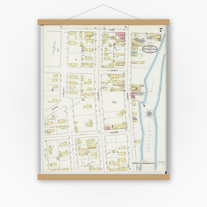 Old map wall art mockup — magnetic wood frame on white wall — Sanborn Fire Insurance Map from Cheboygan, Cheboygan County, Michigan (1895), Sheet #0007