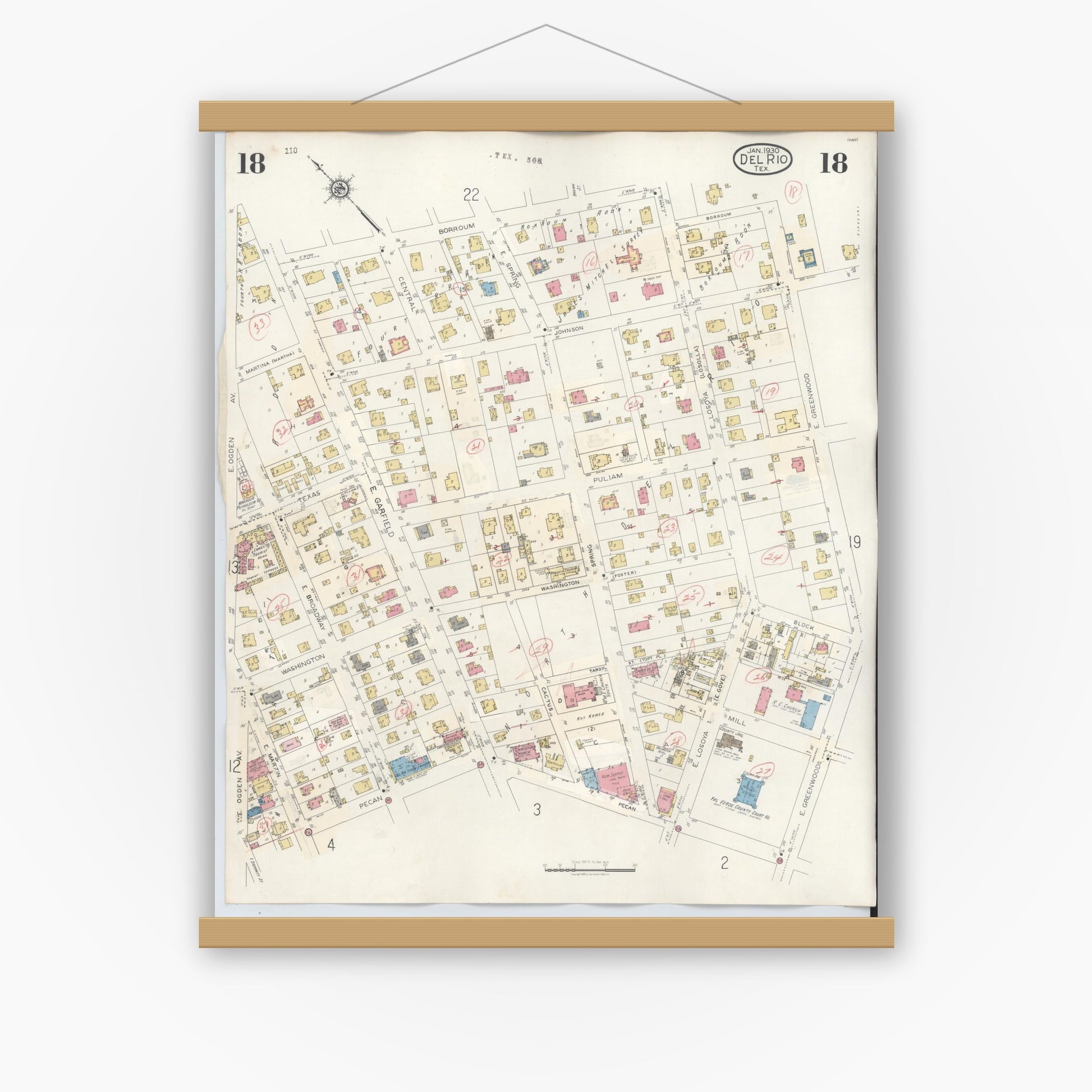 Old map wall art mockup — magnetic wood frame on white wall — Sanborn Fire Insurance Map from Del Rio, Val Verde County, Texas (1948), Sheet #0018