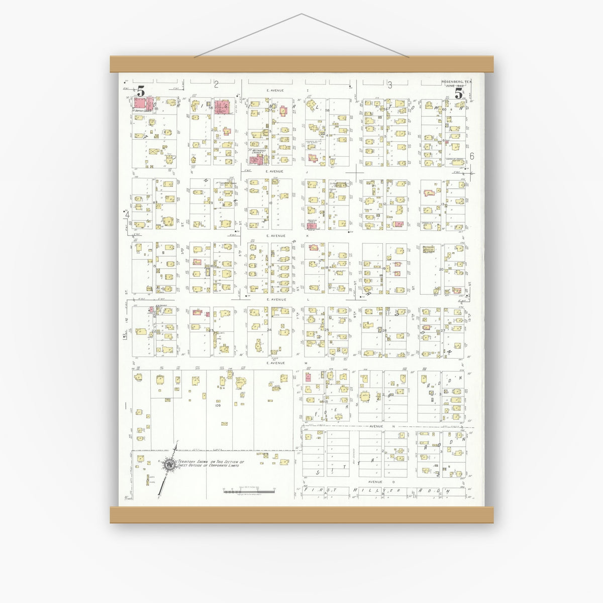 Old map wall art mockup — magnetic wood frame on white wall — Sanborn Fire Insurance Map from Rosenberg, Fort Bend County, Texas (1942), Sheet #0005