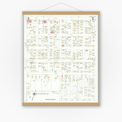Old map wall art mockup — magnetic wood frame on white wall — Sanborn Fire Insurance Map from Rosenberg, Fort Bend County, Texas (1942), Sheet #0005