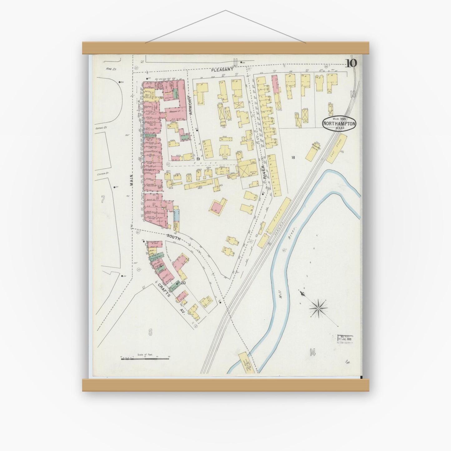 Old map wall art mockup — magnetic wood frame on white wall — Sanborn Fire Insurance Map from Northampton, Hampshire County, Massachusetts (1895), Sheet #0010