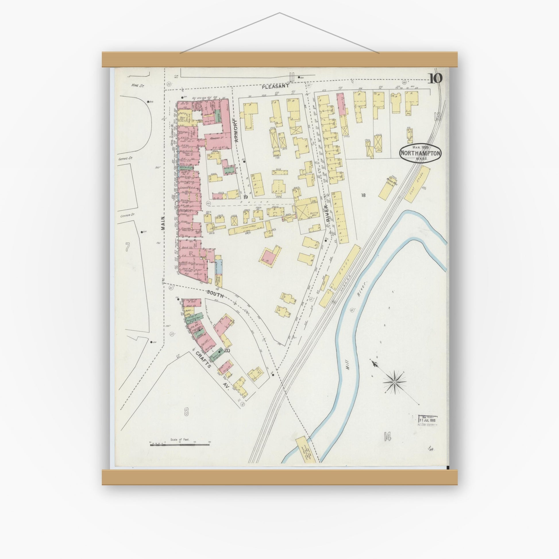 Old map wall art mockup — magnetic wood frame on white wall — Sanborn Fire Insurance Map from Northampton, Hampshire County, Massachusetts (1895), Sheet #0010