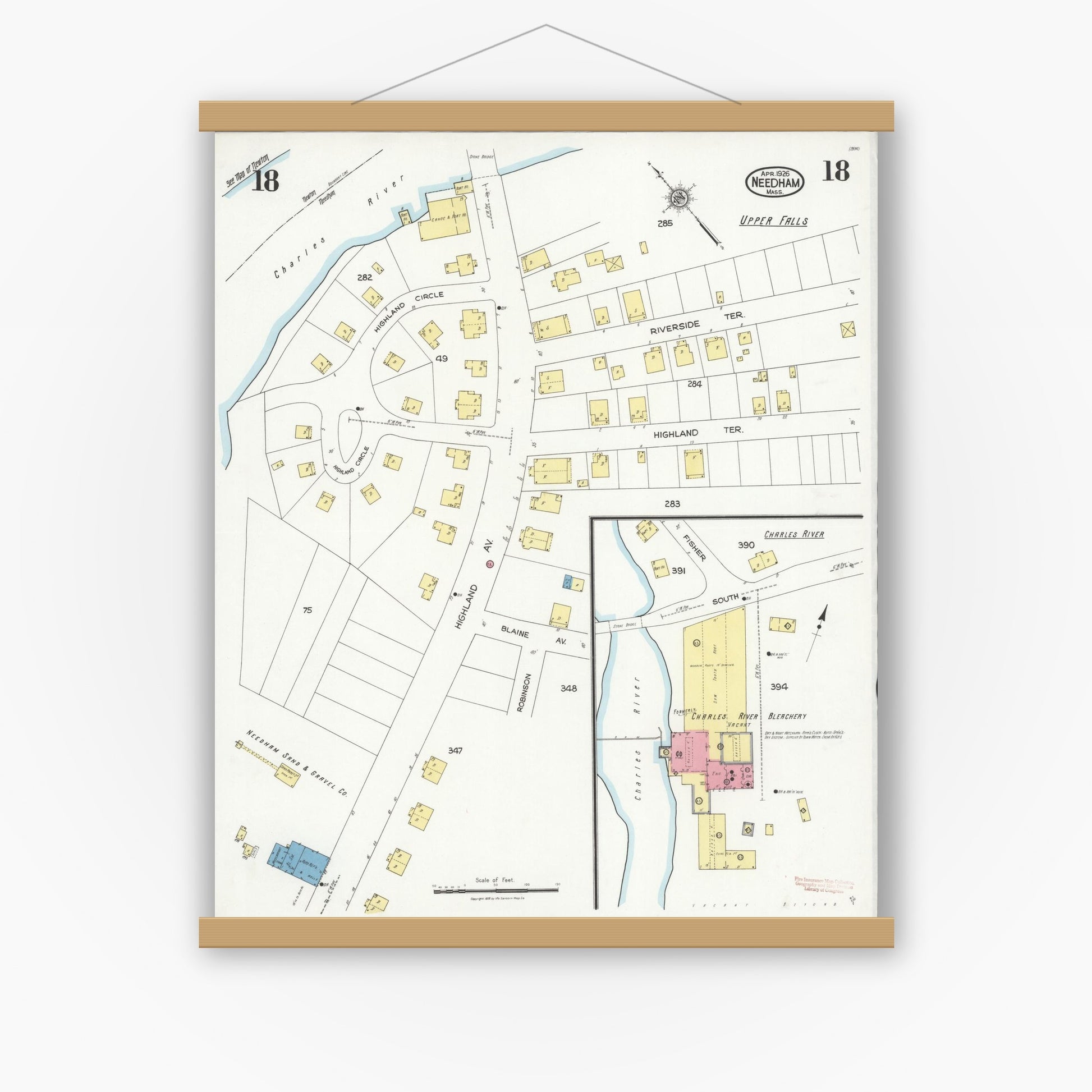Old map wall art mockup — magnetic wood frame on white wall — Sanborn Fire Insurance Map from Needham, Norfolk County, Massachusetts (1926), Sheet #0018