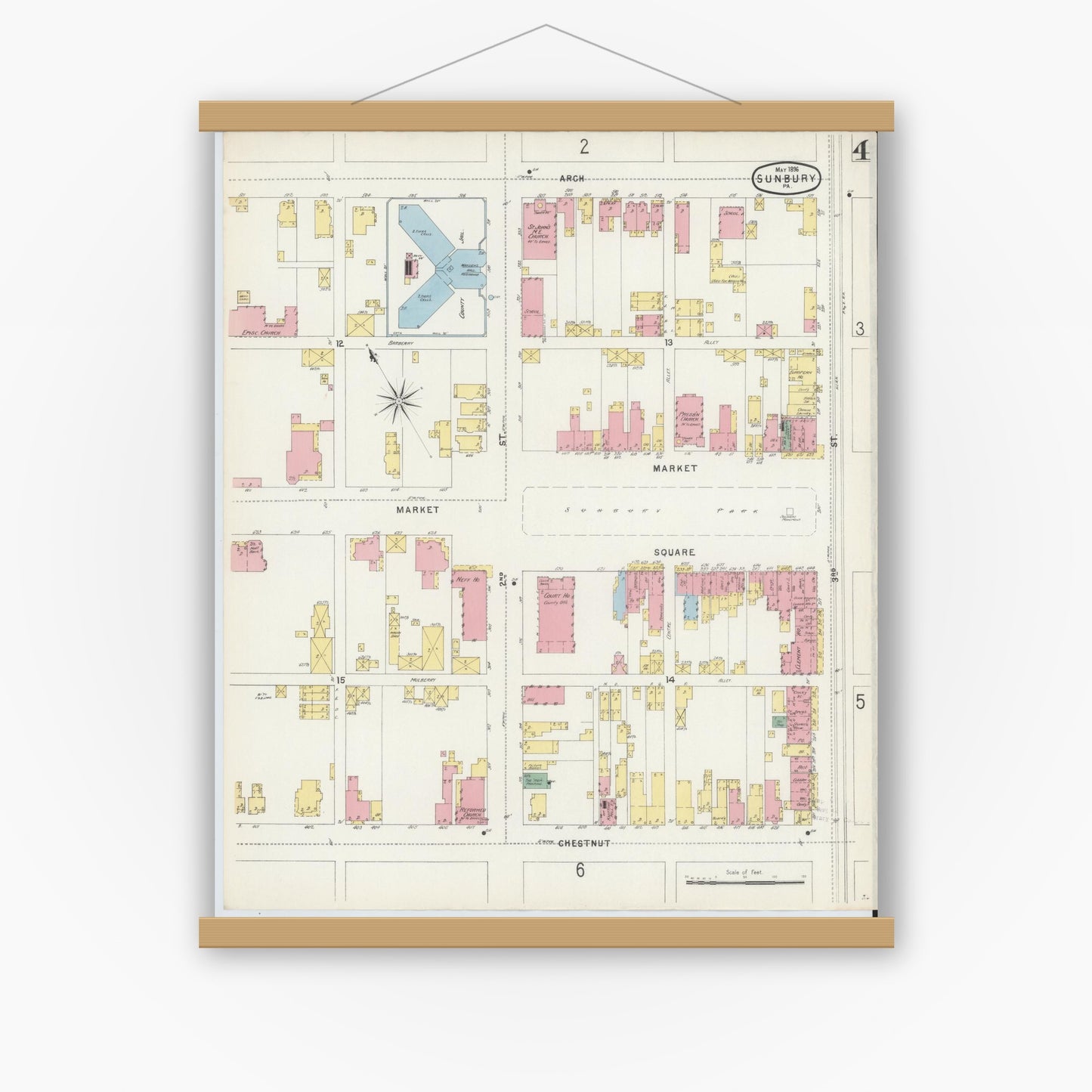 Old map wall art mockup — magnetic wood frame on white wall — Sanborn Fire Insurance Map from Sunbury, Northumberland County, Pennsylvania (1896), Sheet #0004