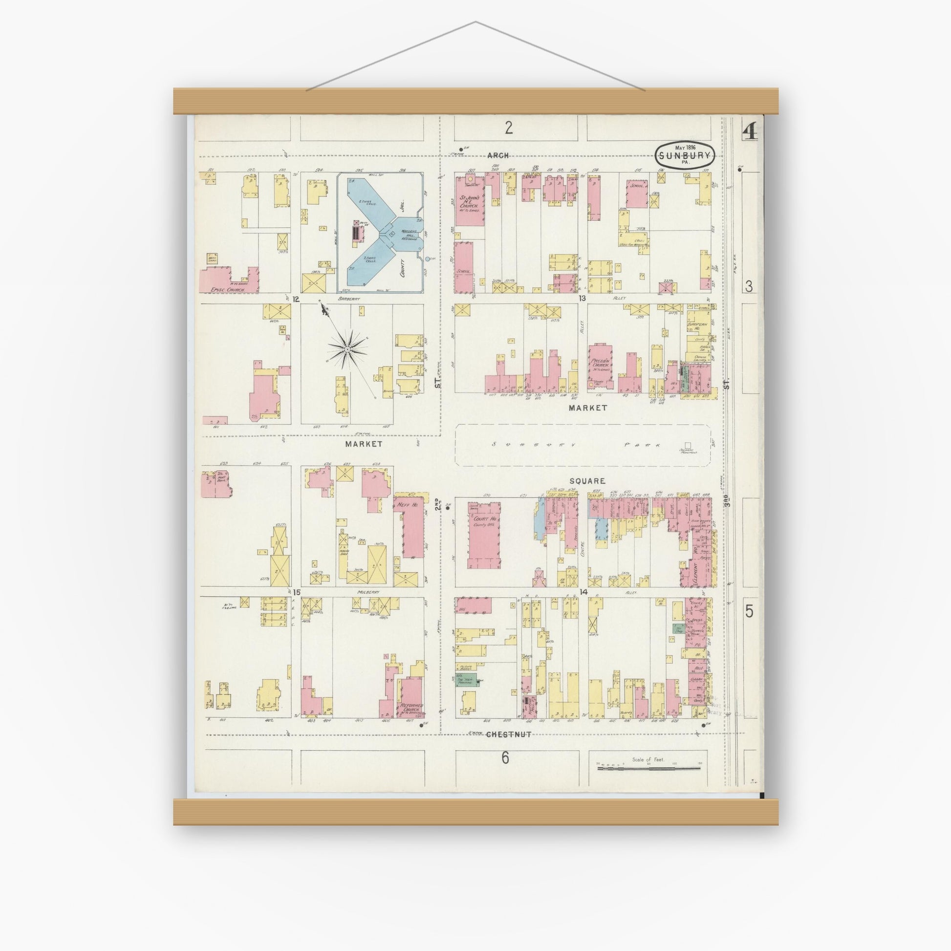 Old map wall art mockup — magnetic wood frame on white wall — Sanborn Fire Insurance Map from Sunbury, Northumberland County, Pennsylvania (1896), Sheet #0004