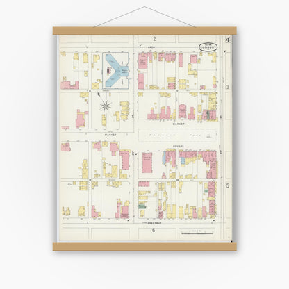 Old map wall art mockup — magnetic wood frame on white wall — Sanborn Fire Insurance Map from Sunbury, Northumberland County, Pennsylvania (1896), Sheet #0004