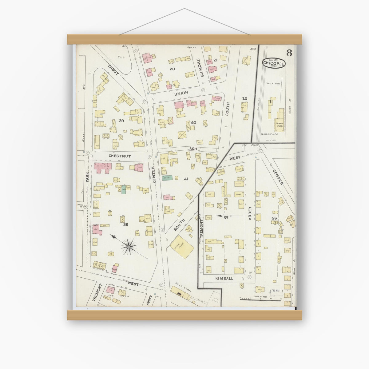 Old map wall art mockup — magnetic wood frame on white wall — Sanborn Fire Insurance Map from Chicopee, Hampden County, Massachusetts (1891), Sheet #0008