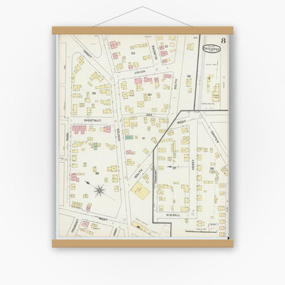 Old map wall art mockup — magnetic wood frame on white wall — Sanborn Fire Insurance Map from Chicopee, Hampden County, Massachusetts (1891), Sheet #0008