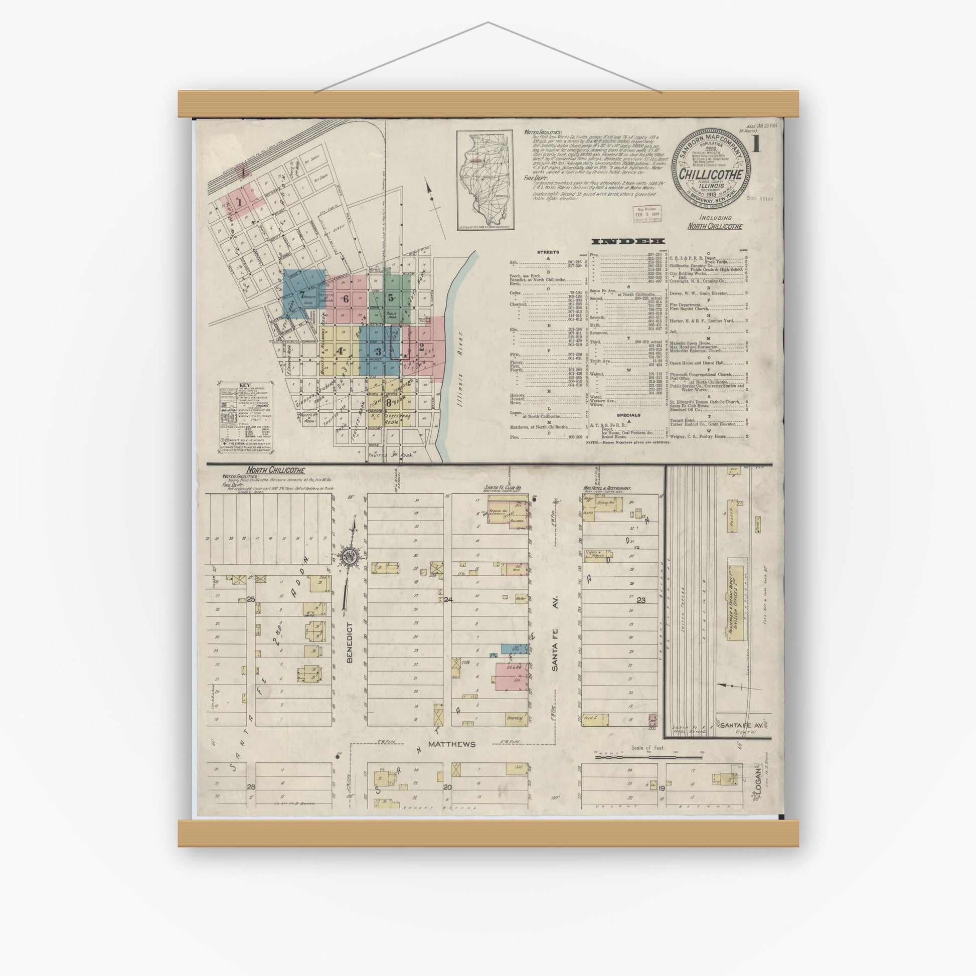 Old map wall art mockup — magnetic wood frame on white wall — Sanborn Fire Insurance Map from Chillicothe, Peoria County, Illinois (1913), Sheet #0001