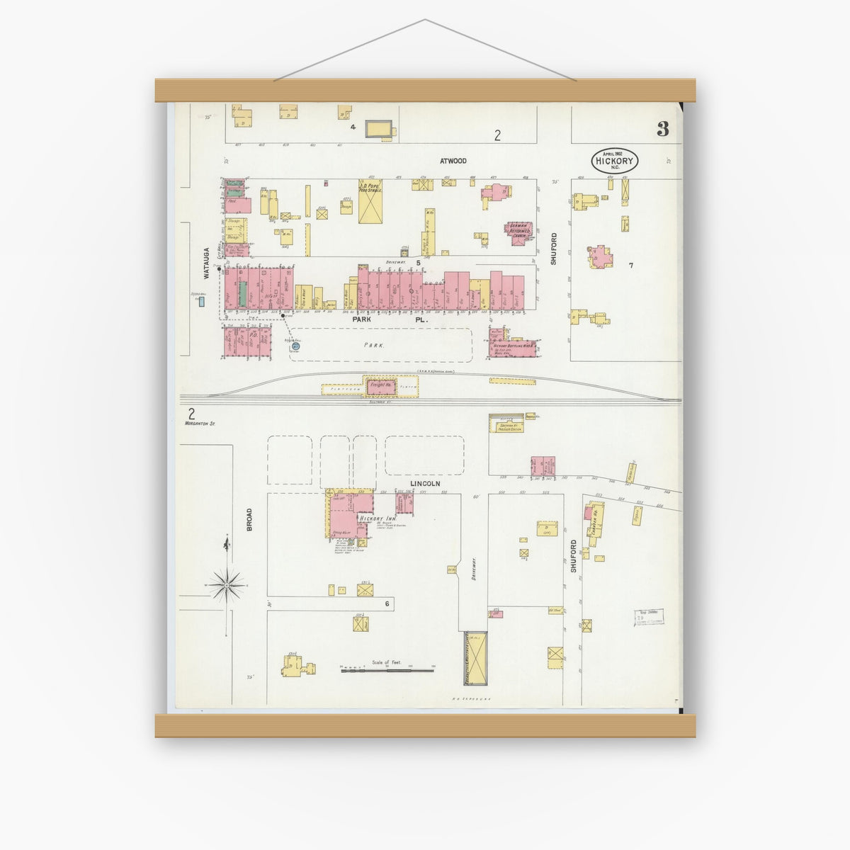 Old map wall art mockup — magnetic wood frame on white wall — Sanborn Fire Insurance Map from Hickory, Catawba County, North Carolina (1902), Sheet #0003