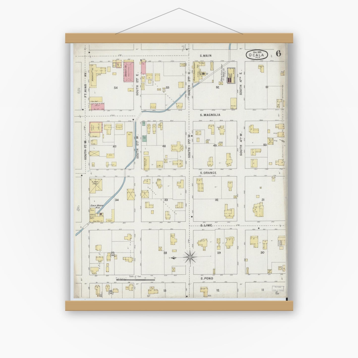 Old map wall art mockup — magnetic wood frame on white wall — Sanborn Fire Insurance Map from Ocala, Marion County, Florida (1895), Sheet #0006