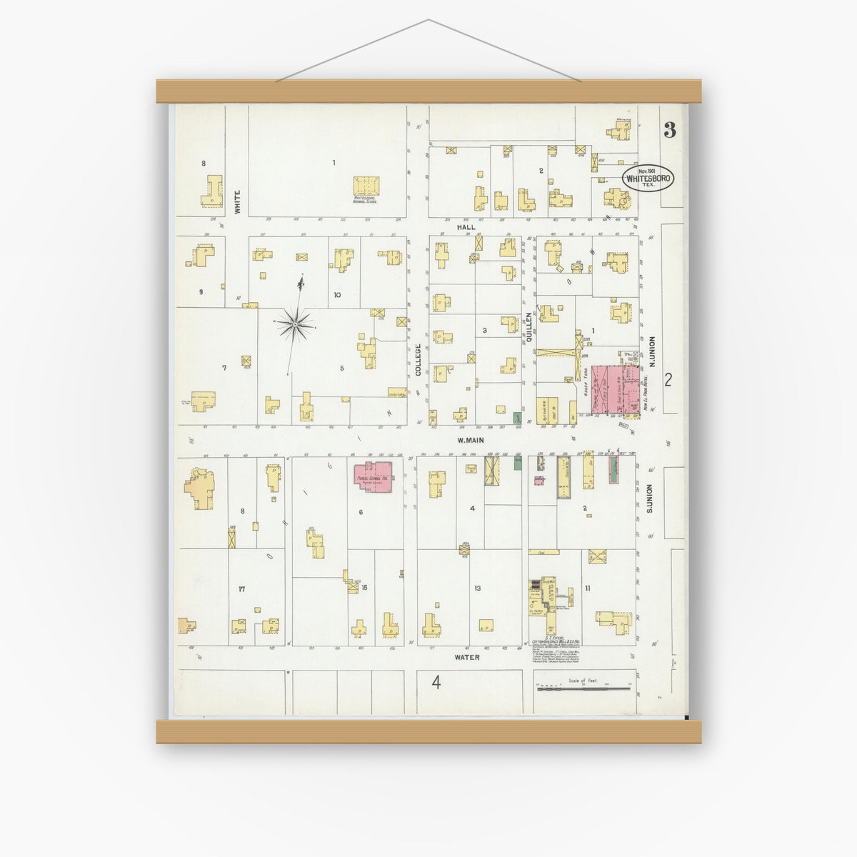 Old map wall art mockup — magnetic wood frame on white wall — Sanborn Fire Insurance Map from Whitesboro, Grayson County, Texas (1901), Sheet #0003