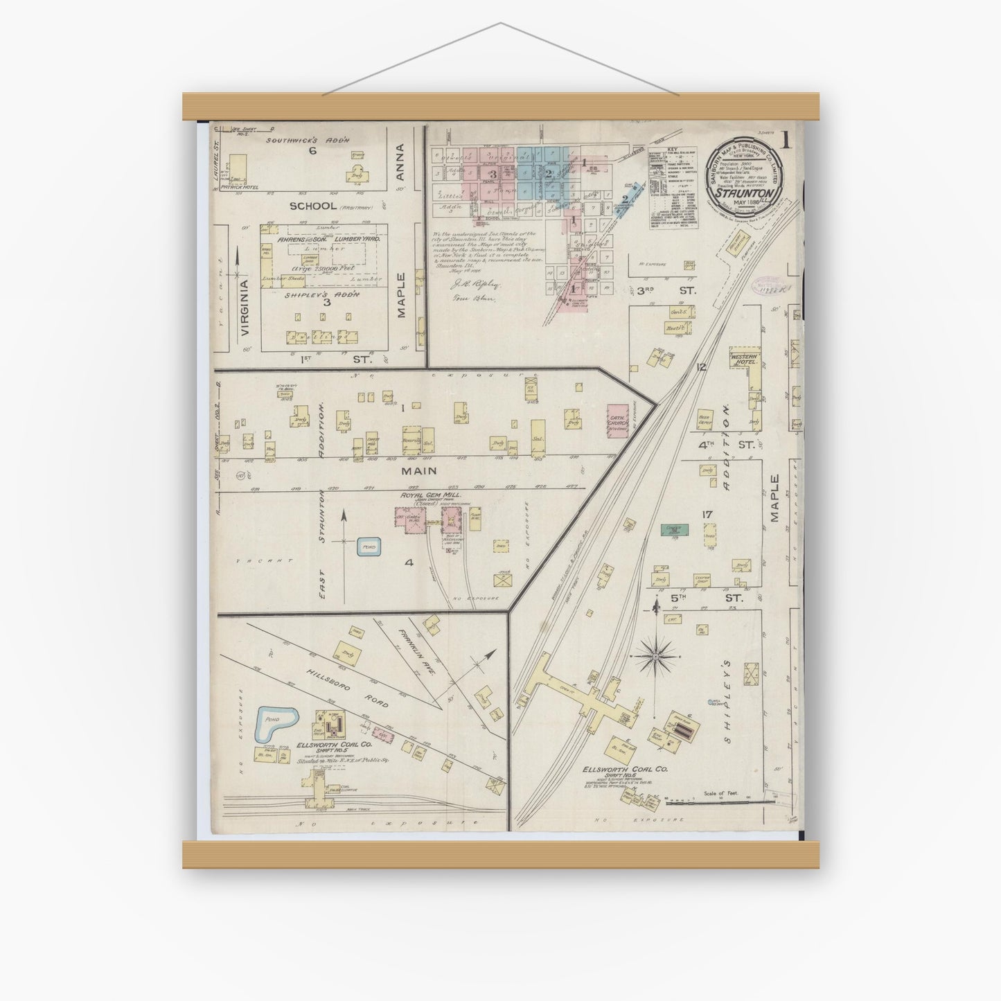 Old map wall art mockup — magnetic wood frame on white wall — Sanborn Fire Insurance Map from Staunton, Macoupin County, Illinois (1886) - Complete Map Set