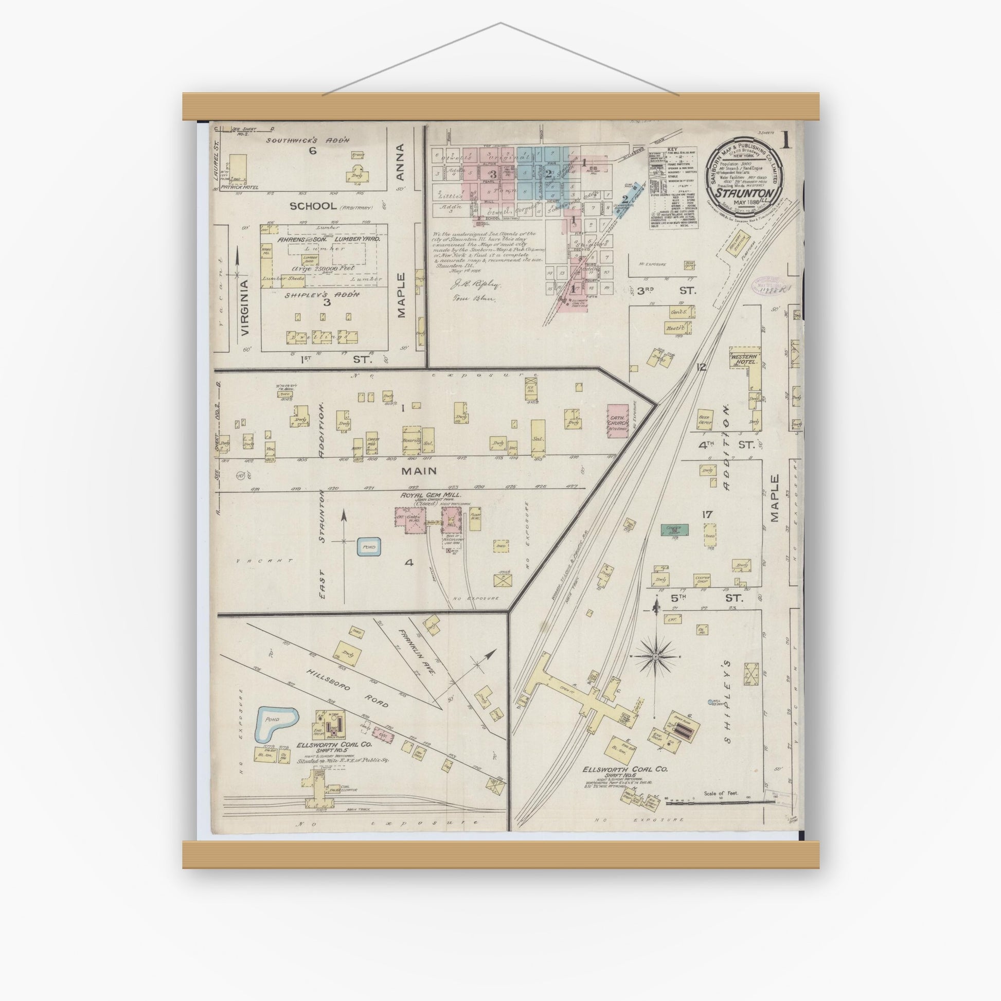 Old map wall art mockup — magnetic wood frame on white wall — Sanborn Fire Insurance Map from Staunton, Macoupin County, Illinois (1886) - Complete Map Set