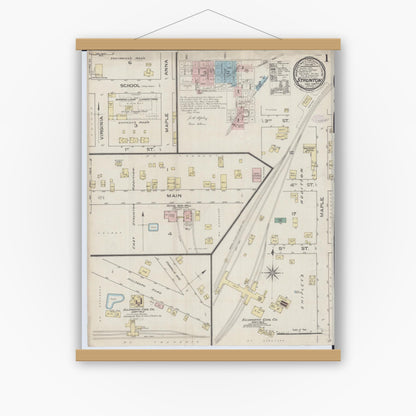 Old map wall art mockup — magnetic wood frame on white wall — Sanborn Fire Insurance Map from Staunton, Macoupin County, Illinois (1886) - Complete Map Set