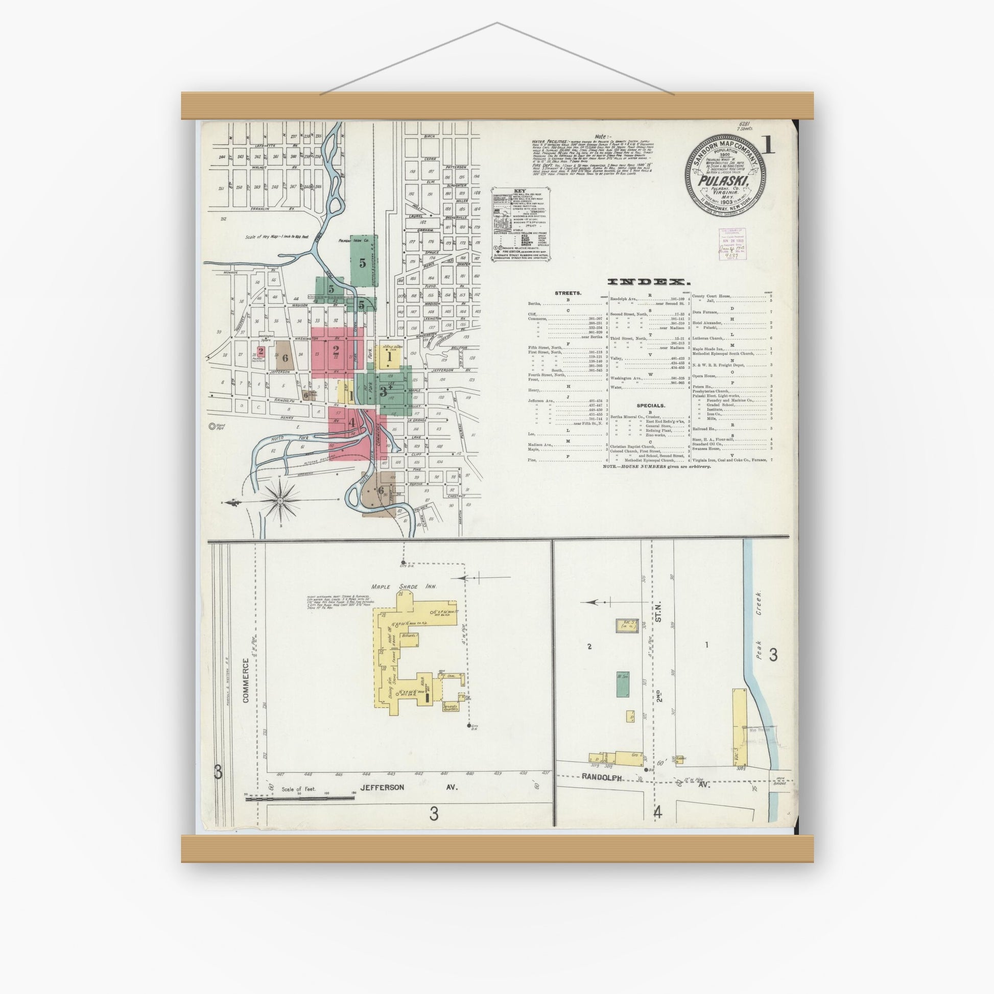 Old map wall art mockup — magnetic wood frame on white wall — Sanborn Fire Insurance Map from Pulaski, Pulaski County, Virginia (1903) - Complete Map Set