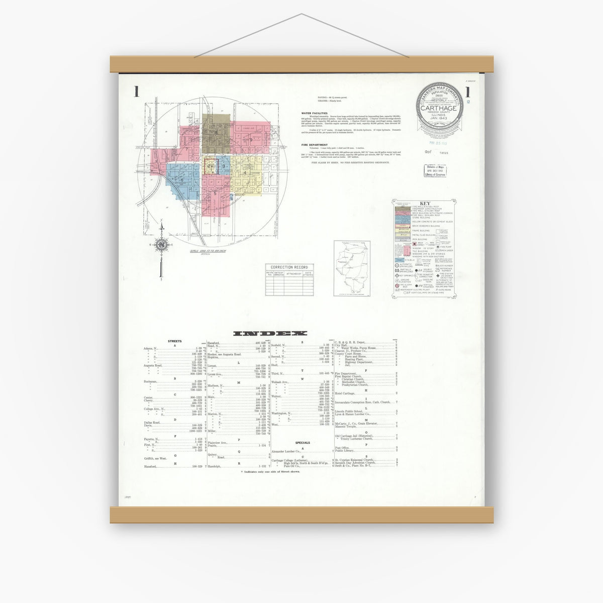 Old map wall art mockup — magnetic wood frame on white wall — Sanborn Fire Insurance Map from Carthage, Hancock County, Illinois (1943), Sheet #0001