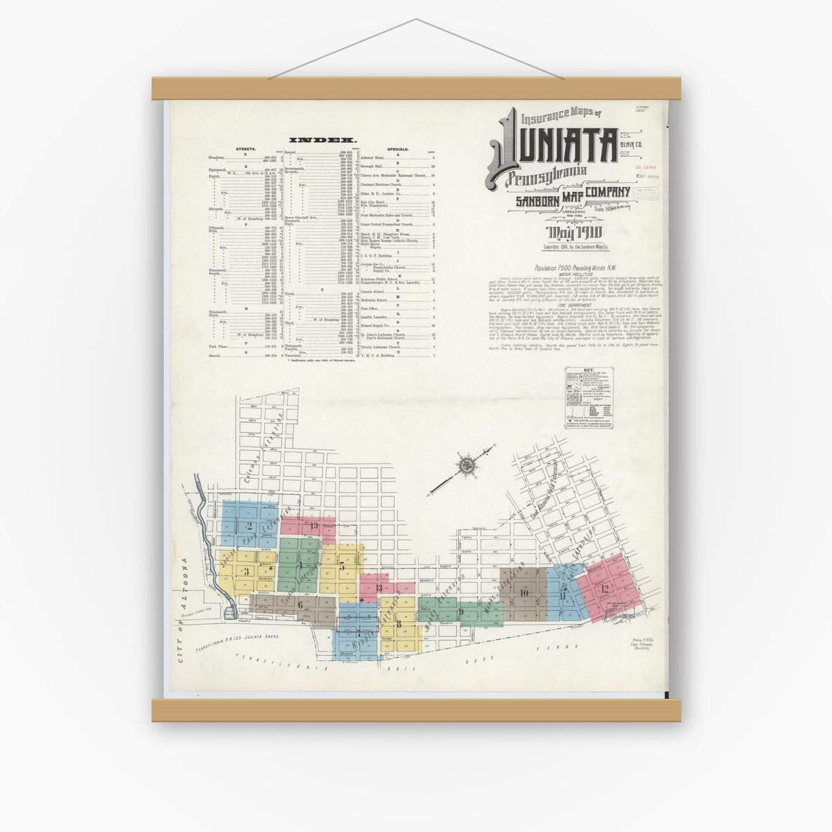 Old map wall art mockup — magnetic wood frame on white wall — Sanborn Fire Insurance Map from Juniata, Blair County, Pennsylvania (1910) - Complete Map Set