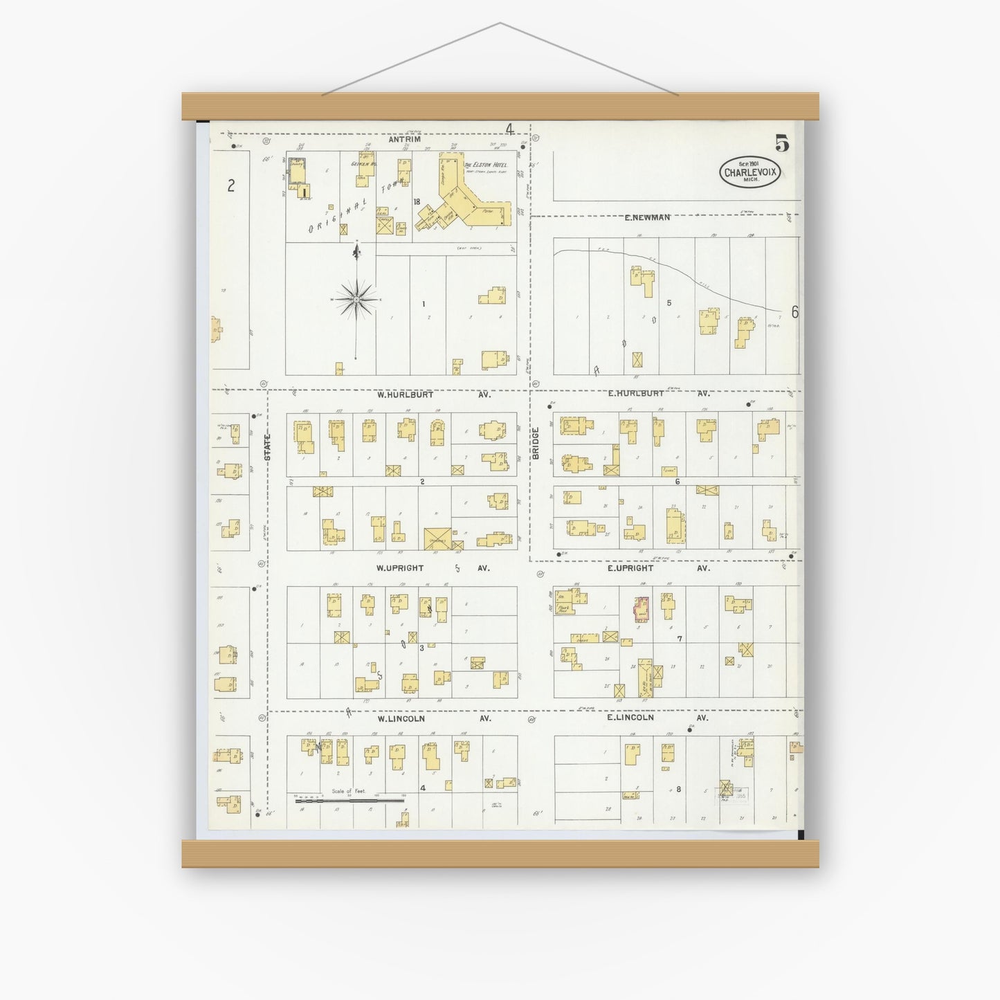Old map wall art mockup — magnetic wood frame on white wall — Sanborn Fire Insurance Map from Charlevoix, Charlevoix County, Michigan (1901), Sheet #0005