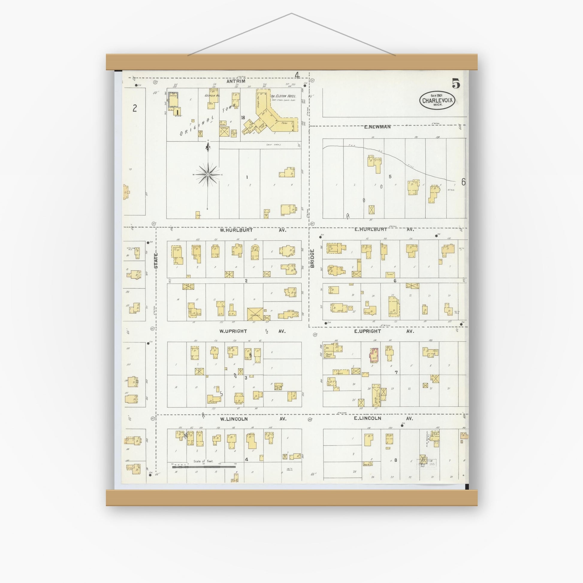 Old map wall art mockup — magnetic wood frame on white wall — Sanborn Fire Insurance Map from Charlevoix, Charlevoix County, Michigan (1901), Sheet #0005