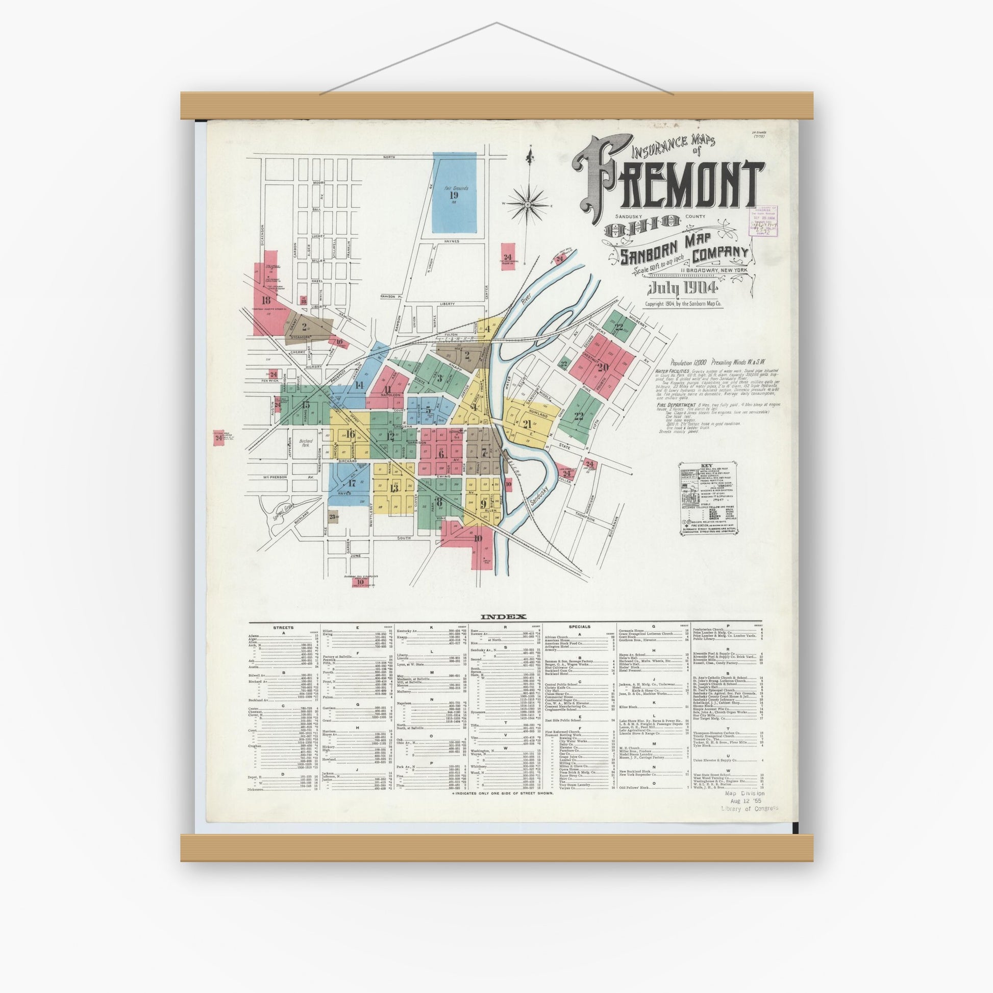 Old map wall art mockup — magnetic wood frame on white wall — Sanborn Fire Insurance Map from Fremont, Sandusky County, Ohio (1904), Sheet #0001