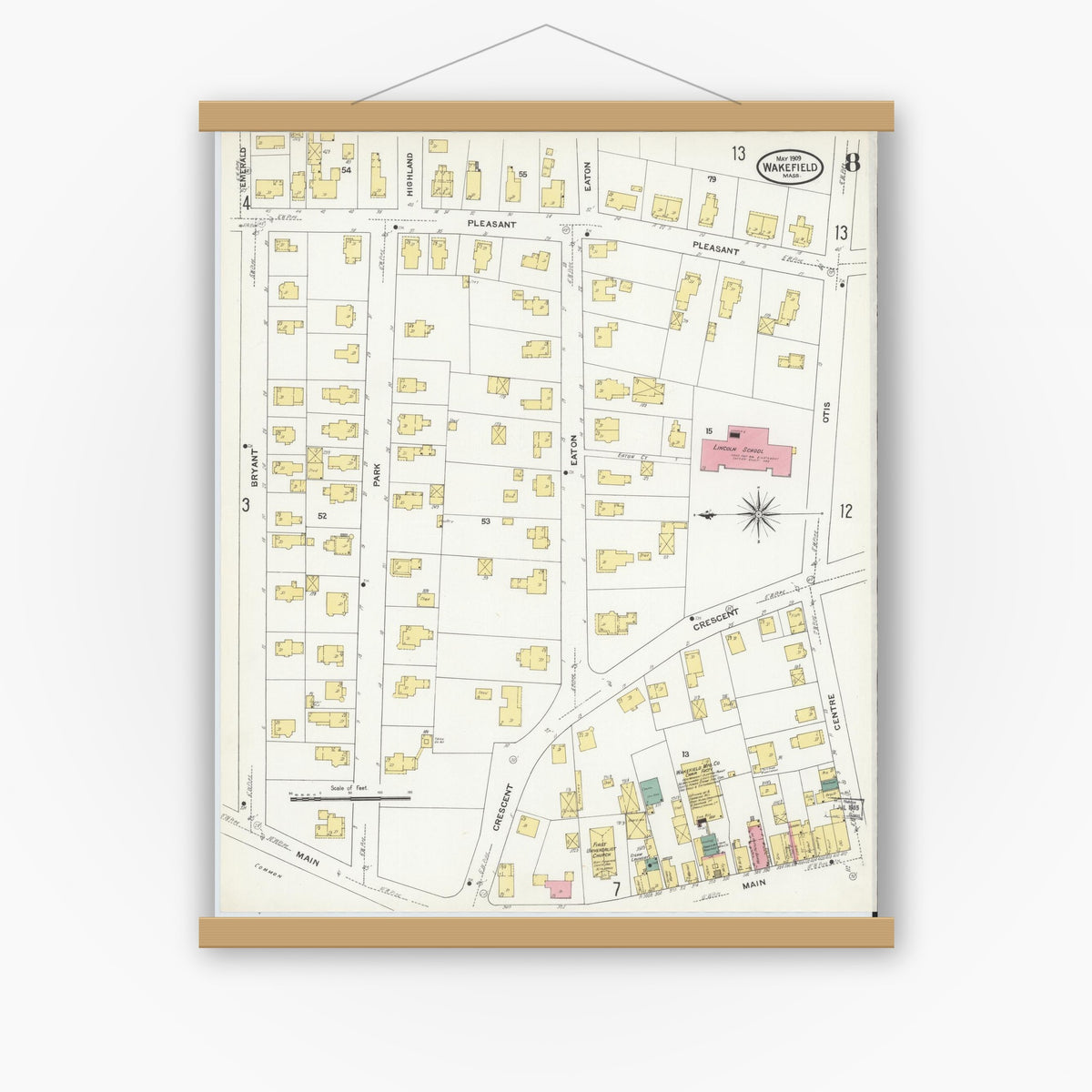 Old map wall art mockup — magnetic wood frame on white wall — Sanborn Fire Insurance Map from Wakefield, Middlesex County, Massachusetts (1909), Sheet #0008