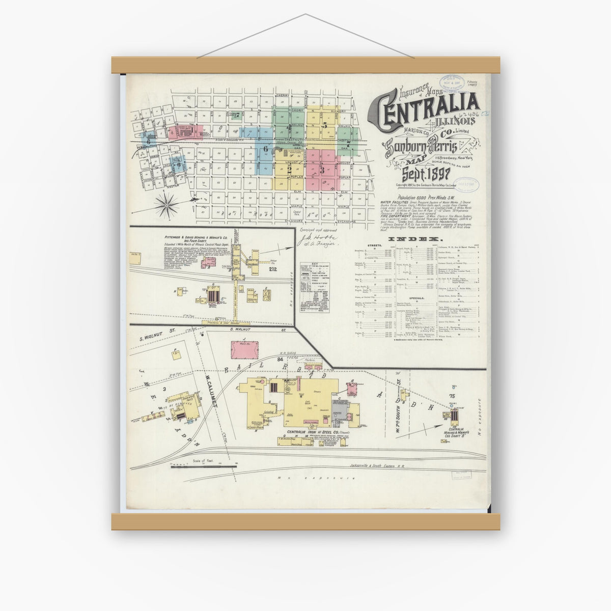 Old map wall art mockup — magnetic wood frame on white wall — Sanborn Fire Insurance Map from Centralia, Marion, Clinton, Jefferson, and Washington Counties, Illinois (1897) - Complete Map Set