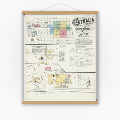 Old map wall art mockup — magnetic wood frame on white wall — Sanborn Fire Insurance Map from Centralia, Marion, Clinton, Jefferson, and Washington Counties, Illinois (1897) - Complete Map Set