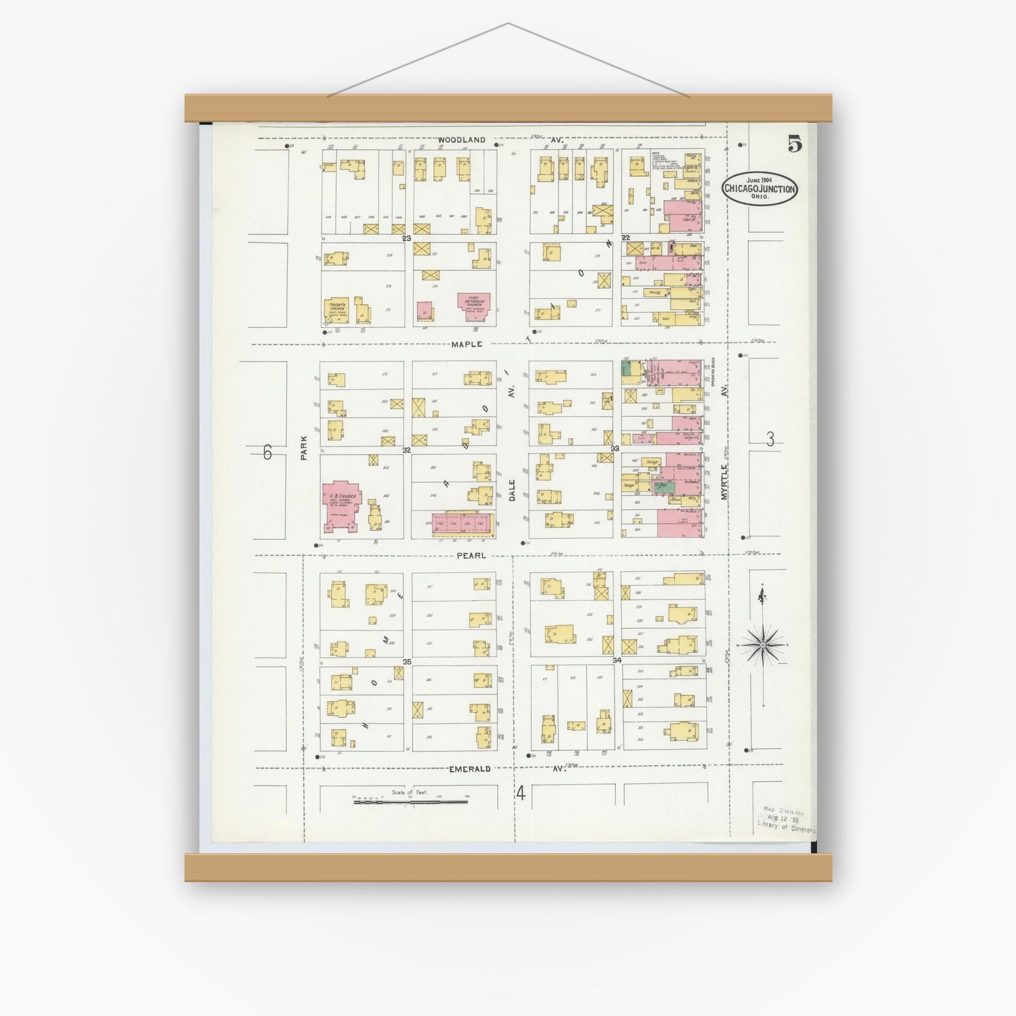 Old map wall art mockup — magnetic wood frame on white wall — Sanborn Fire Insurance Map from Chicago Junction, Huron County, Ohio (1904), Sheet #0005