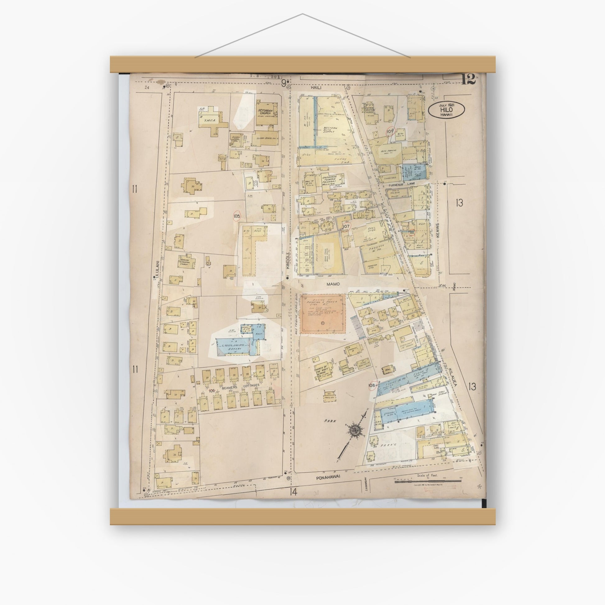 Old map wall art mockup — magnetic wood frame on white wall — Sanborn Fire Insurance Map from Hilo, Hawaii County, Hawaii (1957), Sheet #0012