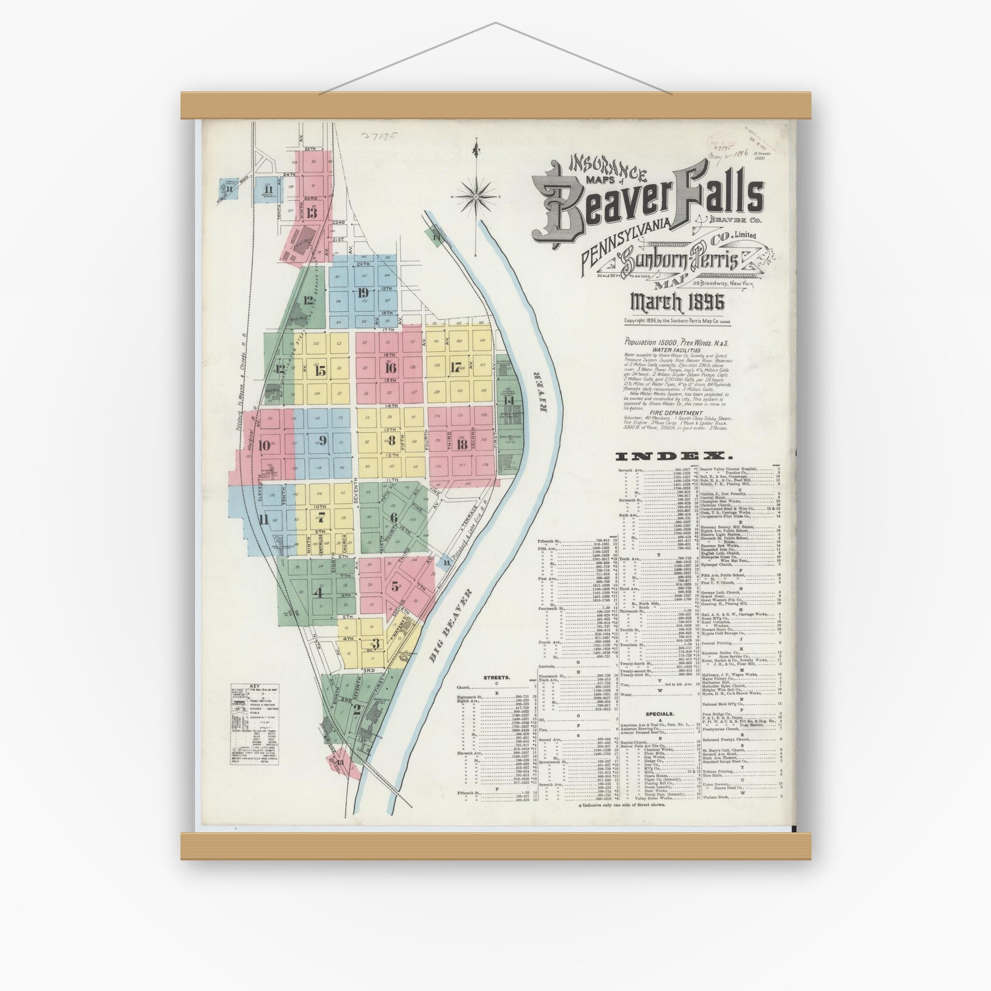 Old map wall art mockup — magnetic wood frame on white wall — Sanborn Fire Insurance Map from Beaver Falls, Beaver County, Pennsylvania (1896), Sheet #0001