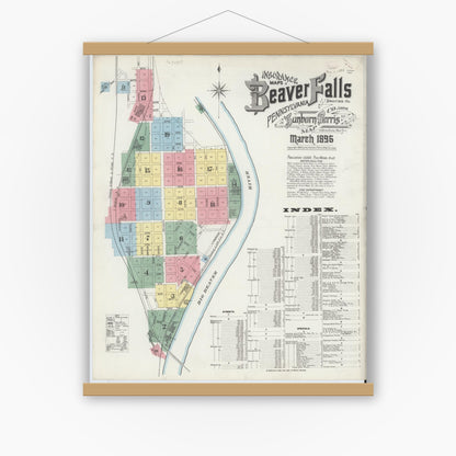 Old map wall art mockup — magnetic wood frame on white wall — Sanborn Fire Insurance Map from Beaver Falls, Beaver County, Pennsylvania (1896), Sheet #0001
