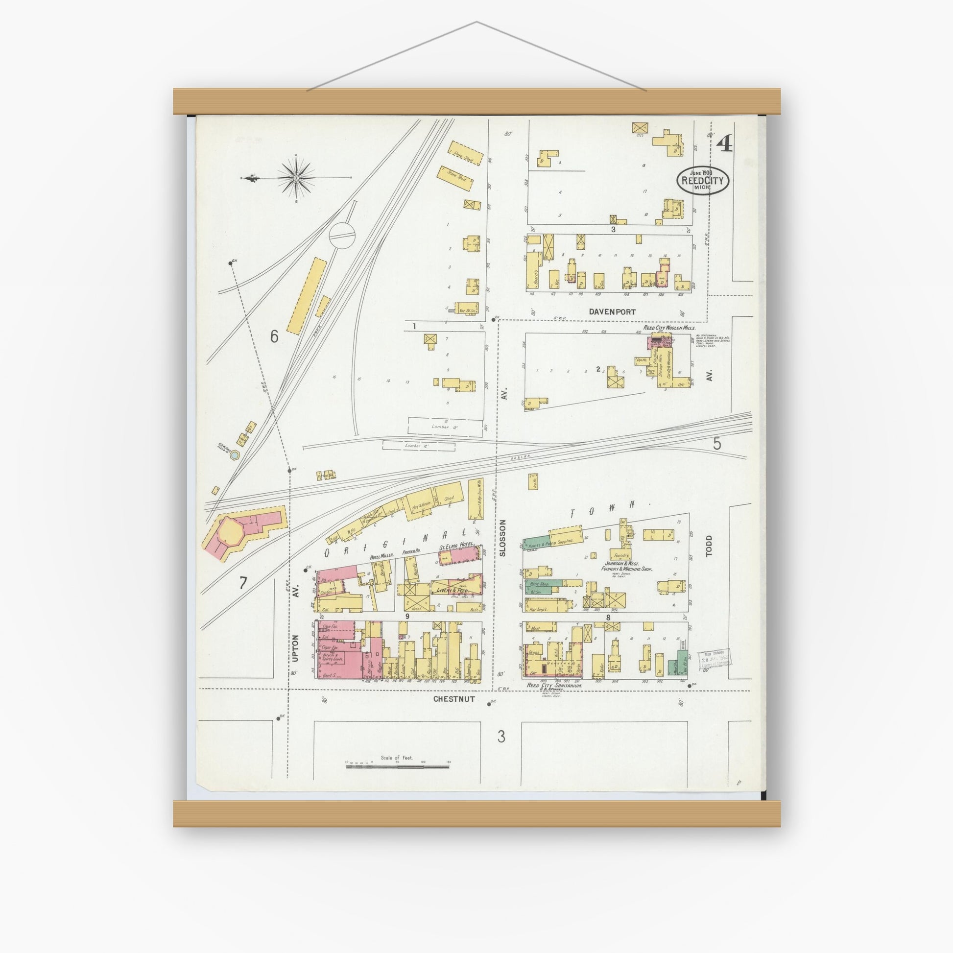 Old map wall art mockup — magnetic wood frame on white wall — Sanborn Fire Insurance Map from Reed City, Osceola County, Michigan (1900), Sheet #0004