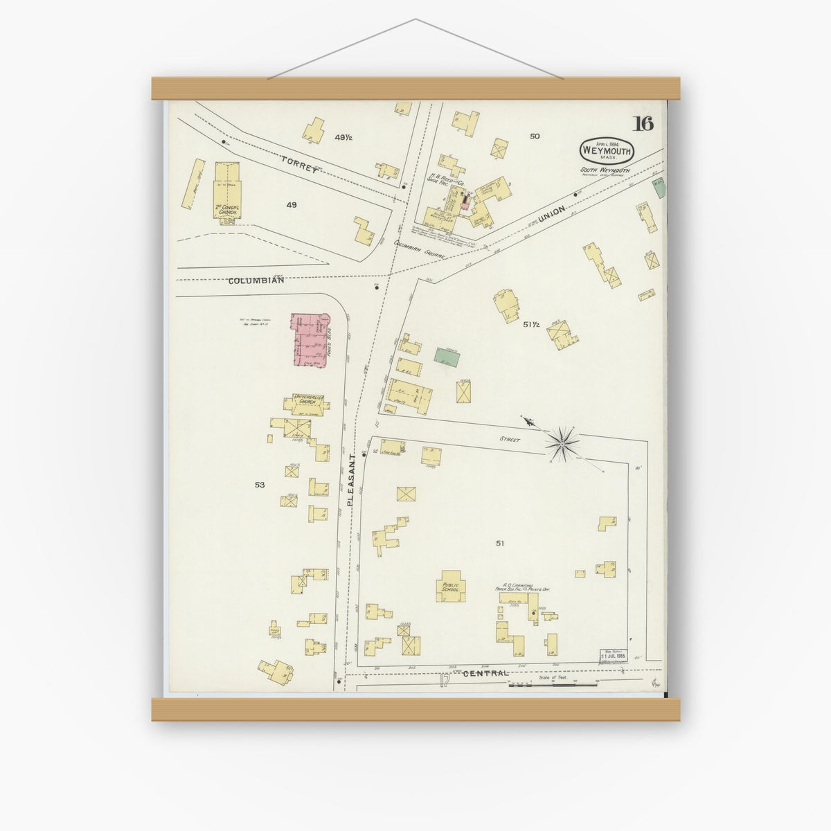 Old map wall art mockup — magnetic wood frame on white wall — Sanborn Fire Insurance Map from Weymouth, Norfolk County, Massachusetts (1894), Sheet #0016