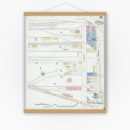 Old map wall art mockup — magnetic wood frame on white wall — Sanborn Fire Insurance Map from Rockford, Winnebago County, Illinois (1891), Sheet #0012