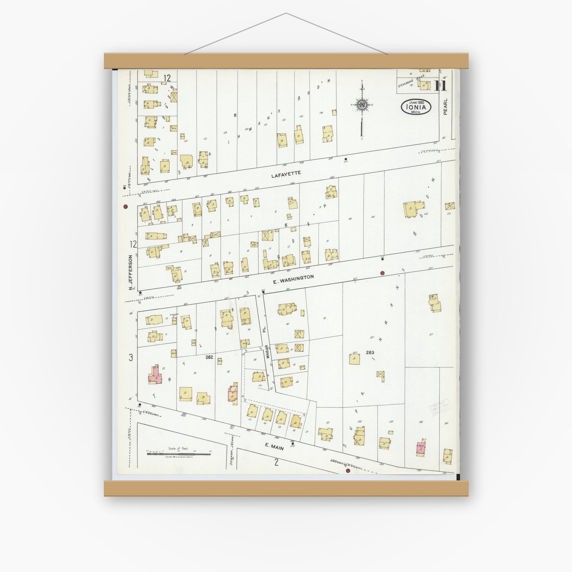 Old map wall art mockup — magnetic wood frame on white wall — Sanborn Fire Insurance Map from Ionia, Ionia County, Michigan (1920), Sheet #0011