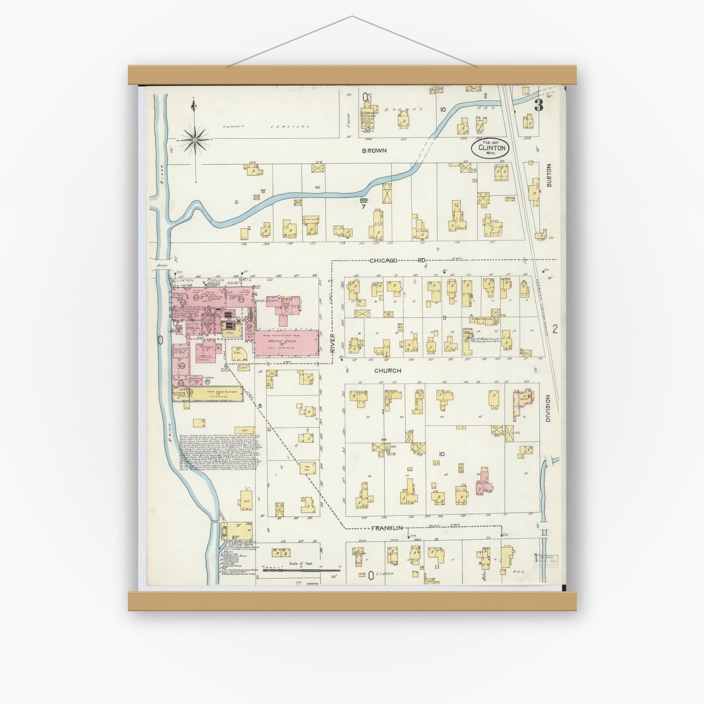 Old map wall art mockup — magnetic wood frame on white wall — Sanborn Fire Insurance Map from Clinton, Lenawee County, Michigan (1907), Sheet #0003