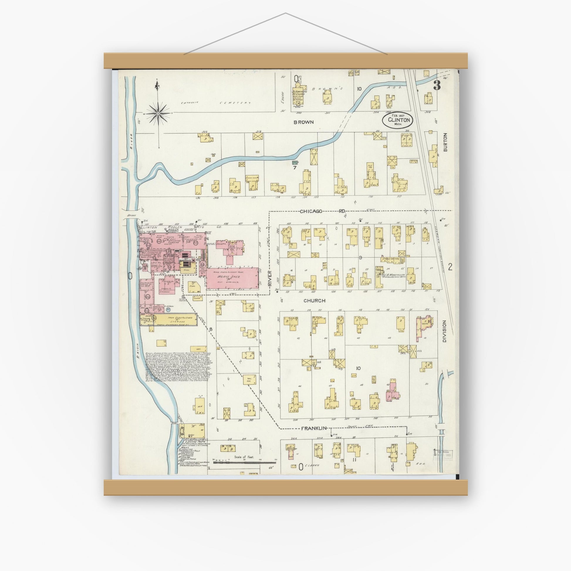 Old map wall art mockup — magnetic wood frame on white wall — Sanborn Fire Insurance Map from Clinton, Lenawee County, Michigan (1907), Sheet #0003